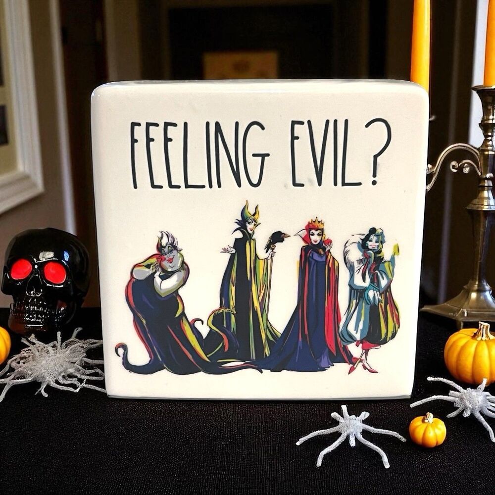 Rae Dunn DISNEY VILLIANS Block Sign FEELING EVIL? Halloween Ceramic NEW